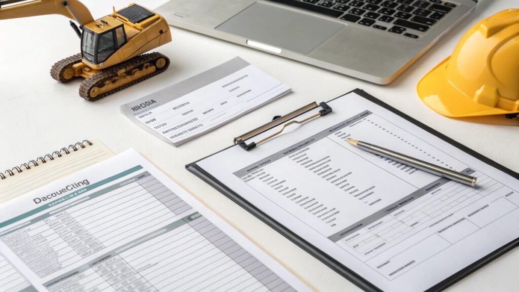 Reviewing excavator maintenance records and service documents