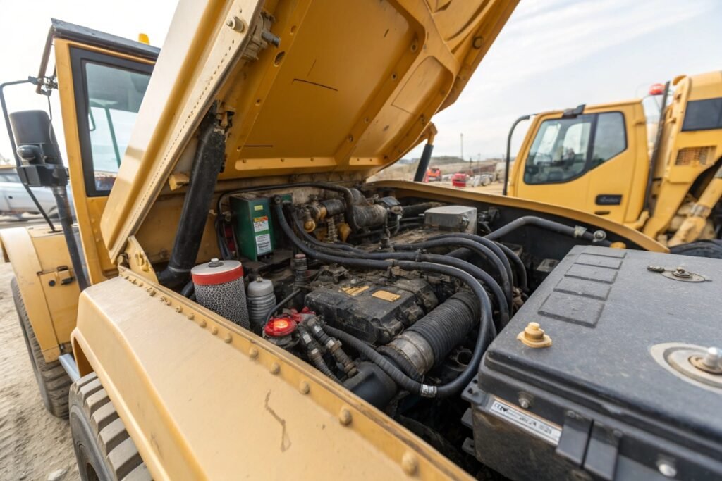 Used excavator engine and hydraulic system inspection