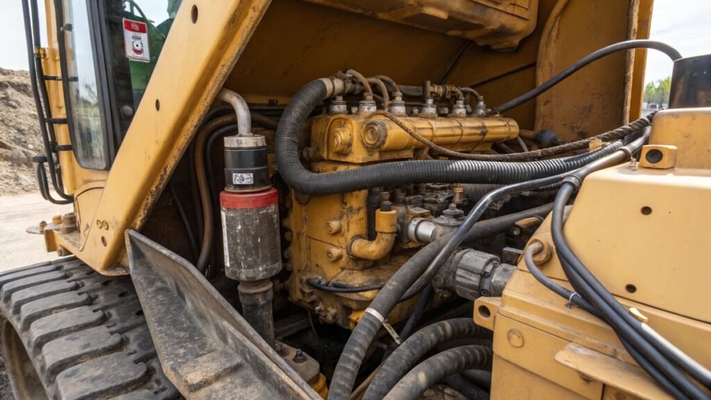 Used excavator engine and hydraulic system inspection