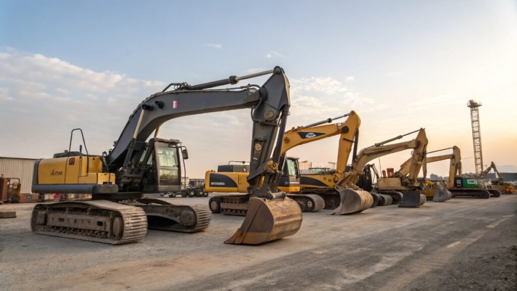 Different brands of used excavators in equipment yard